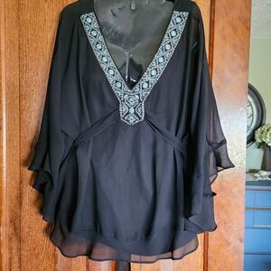 WHBM‎ Black Floral Blouse Women's Small V-Neck Embellished Romantic Top